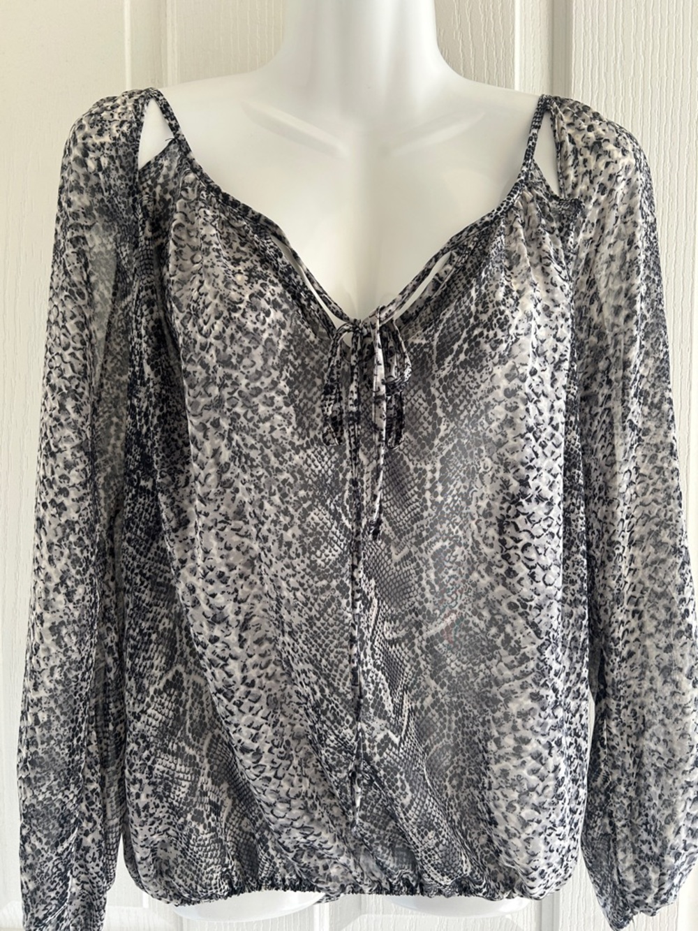 Sheer Black & White Snake-Print Tie-Front Blouse